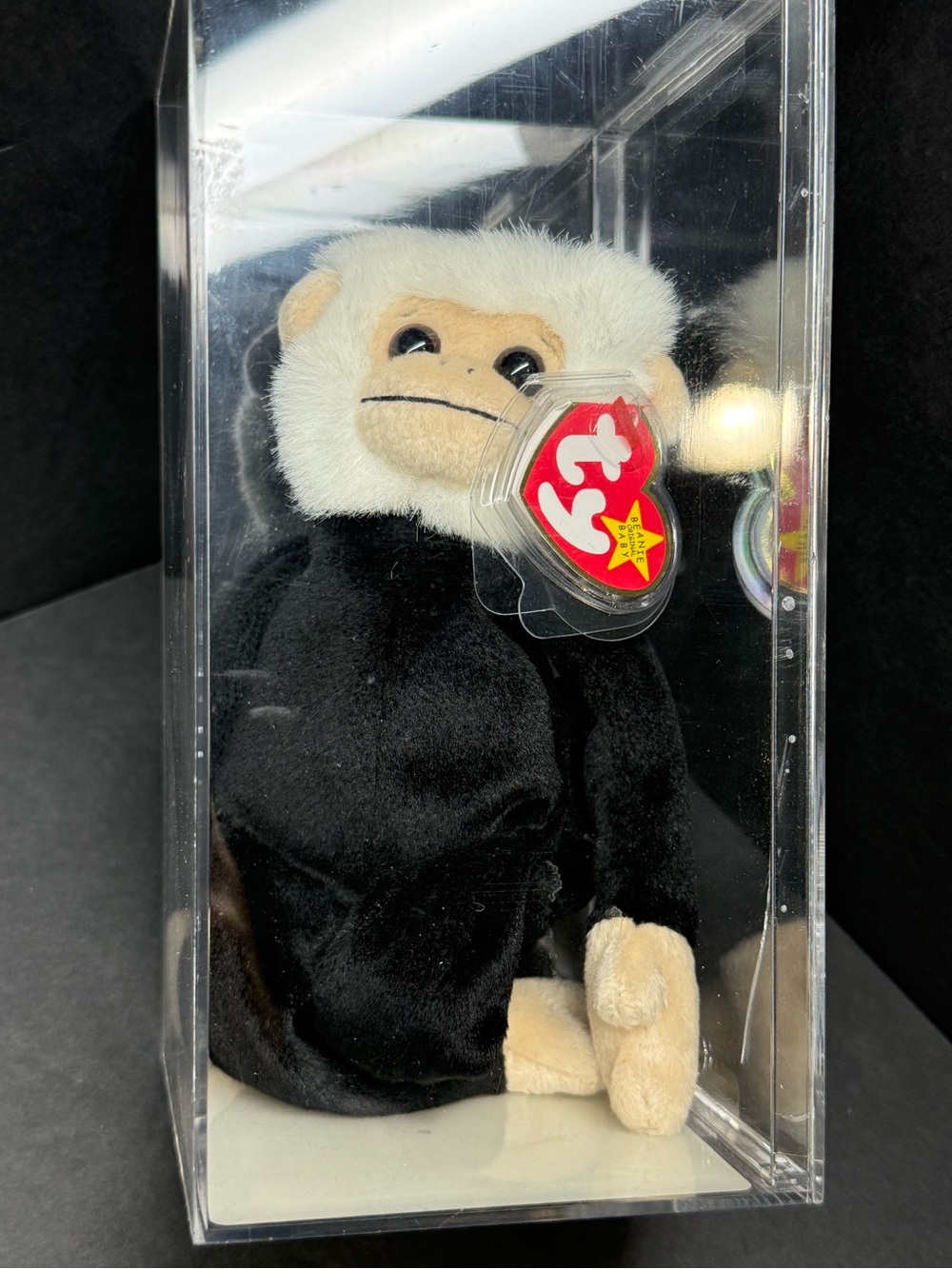 Ty Beanie Baby Plush Monkey Mooch- Black and Cream Fur with Red Heart Tag